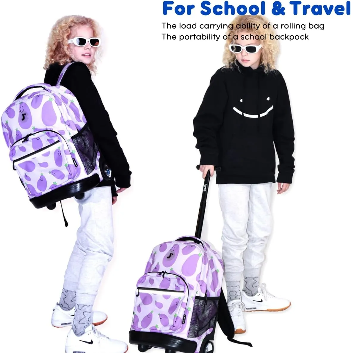 J World New York Sunrise Kids Rolling Backpack for Girls Boys Teen. Roller Bookbag with Wheels, Night Bloom, 18"