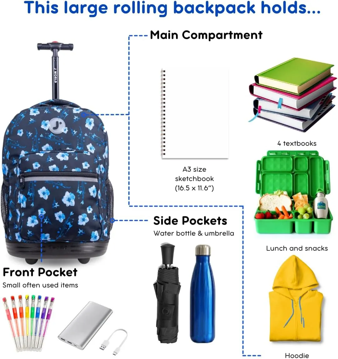 J World New York Sunrise Kids Rolling Backpack for Girls Boys Teen. Roller Bookbag with Wheels, Night Bloom, 18"