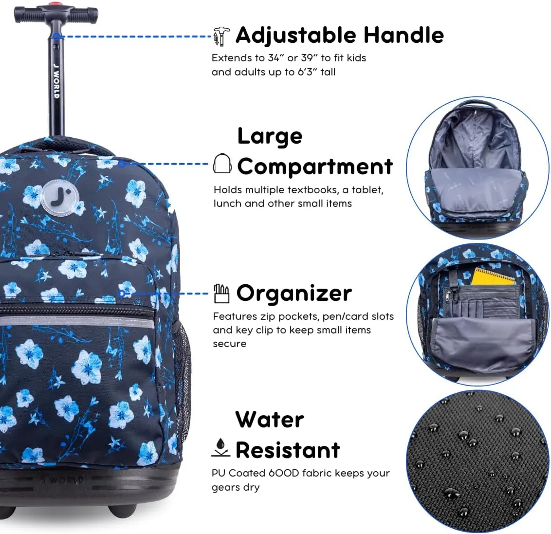 J World New York Sunrise Kids Rolling Backpack for Girls Boys Teen. Roller Bookbag with Wheels, Night Bloom, 18"