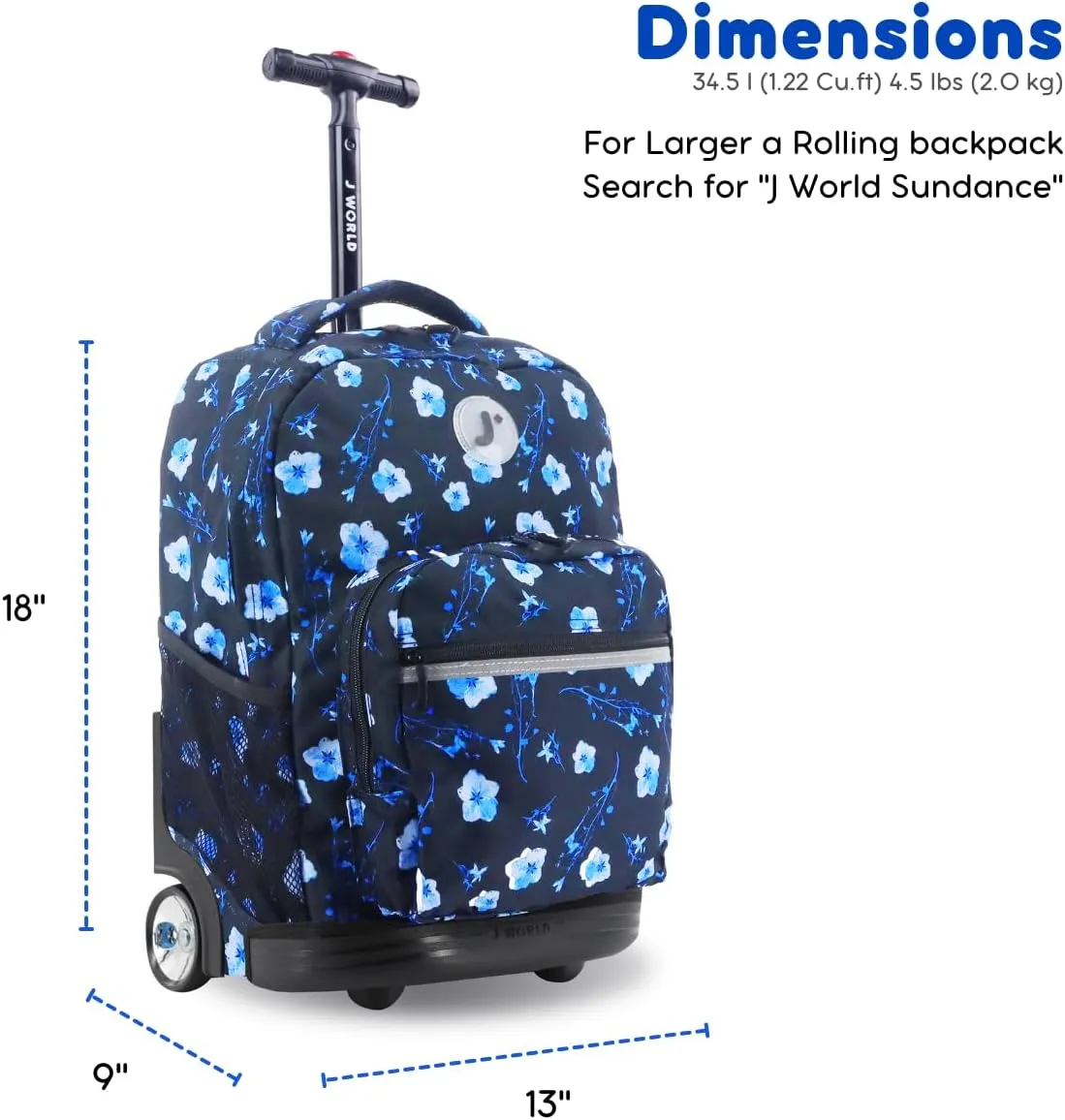 J World New York Sunrise Kids Rolling Backpack for Girls Boys Teen. Roller Bookbag with Wheels, Night Bloom, 18"