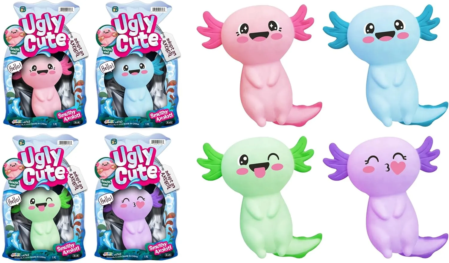 JA-RU Smushy Stuffed Axolotl Toy (4 Units Assorted) Ugly Cute Stretchy Twisty Animal Kids Toys for Boys and Girls. Smush Fidget Silly Squeez Stress Relief Axolotls Figure. 4743-4s