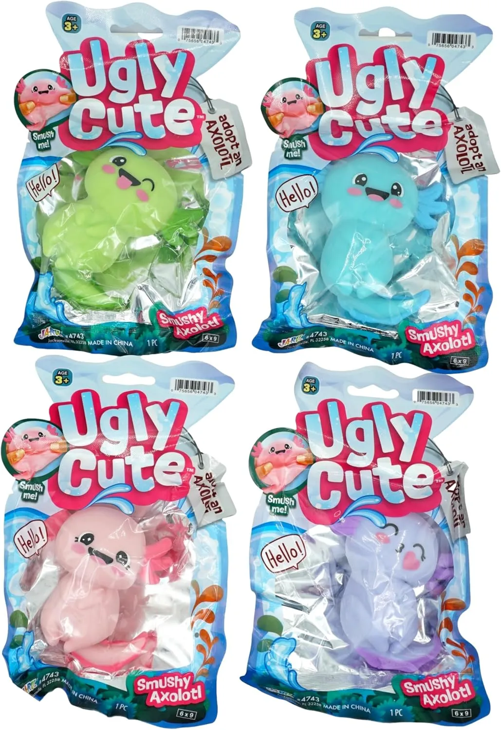 JA-RU Smushy Stuffed Axolotl Toy (4 Units Assorted) Ugly Cute Stretchy Twisty Animal Kids Toys for Boys and Girls. Smush Fidget Silly Squeez Stress Relief Axolotls Figure. 4743-4s