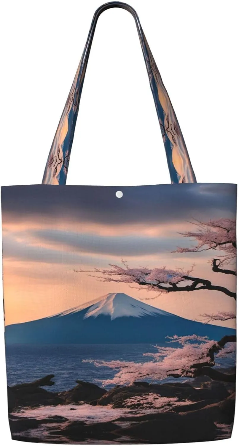 Japan Mount Fuji Landscape Print Reusable Grocery Bags,Polyester Tote Bag,Casual Handbags,Practical Foldable Shopping Bag.