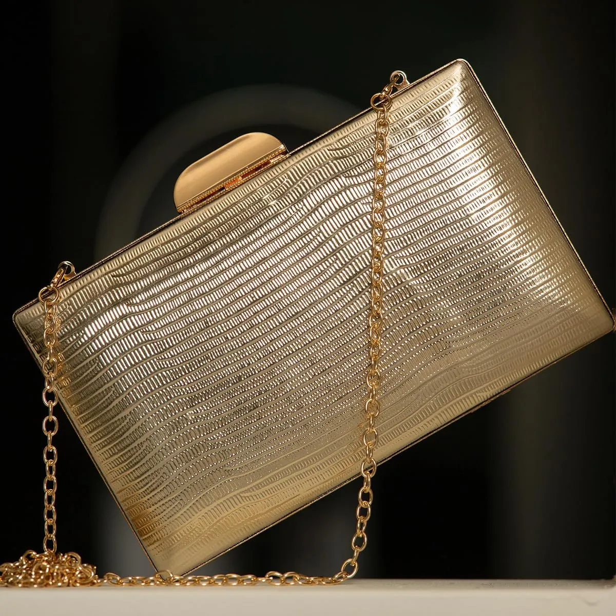 JNB Women's Metallic Material Hard Case Evening Party Clutch