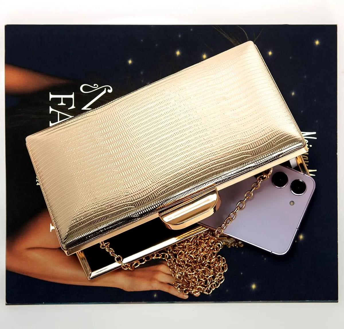 JNB Women's Metallic Material Hard Case Evening Party Clutch