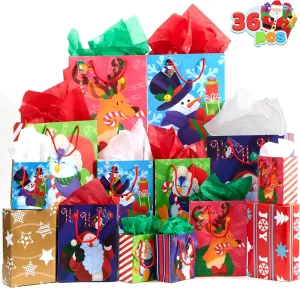 JOYIN 36 Pcs Christmas Gift Bags and Tissue Papers, Assorted Sizes for Wrapping Presents, Gift Decoration, School Classrooms, Party Favors