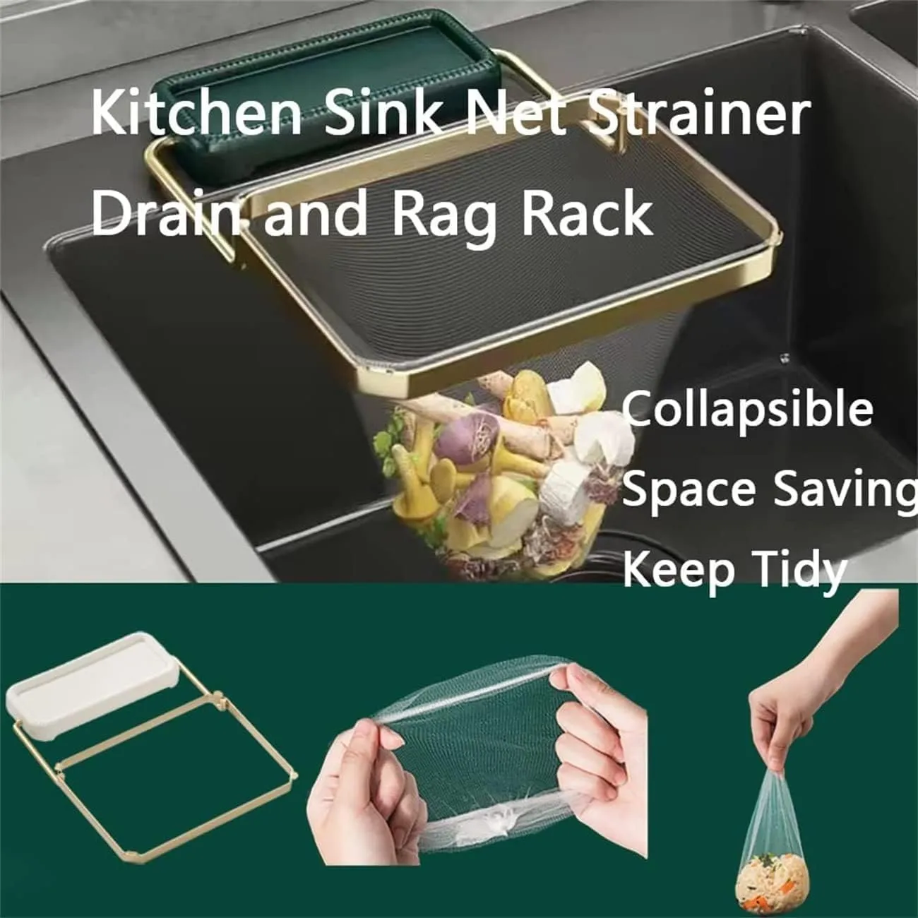 Kanggoulu Sink Strainer, Meshmate Waste Rack Sink, Rotatable Kitchen Sink Strainer with 100Pcs Filter Mesh Bags, Suction Cup Sink Strainer & Kitchen Sink Filter Rack (White Green, with 50Pcs Bag)
