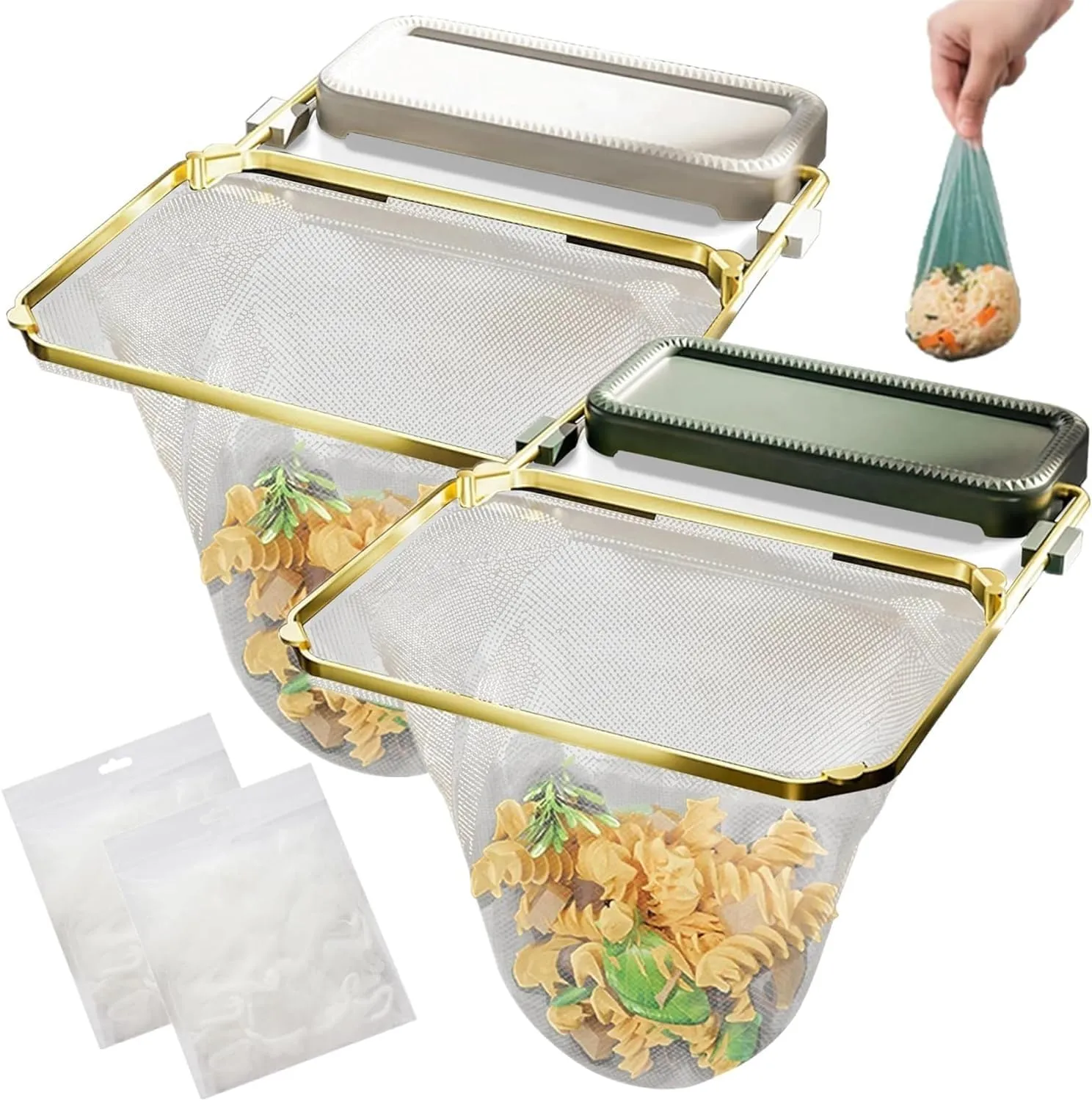 Kanggoulu Sink Strainer, Meshmate Waste Rack Sink, Rotatable Kitchen Sink Strainer with 100Pcs Filter Mesh Bags, Suction Cup Sink Strainer & Kitchen Sink Filter Rack (White Green, with 50Pcs Bag)