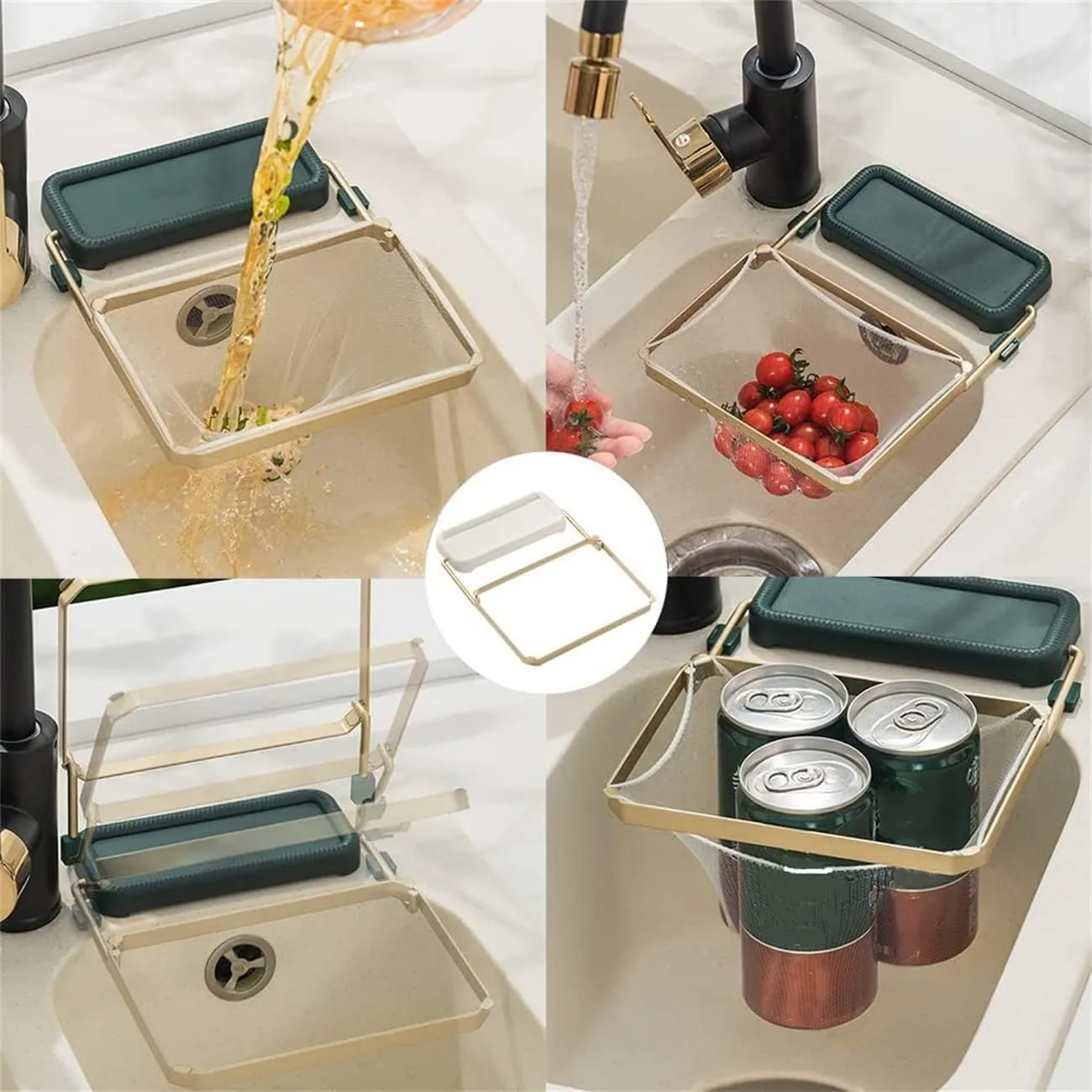 Kanggoulu Sink Strainer, Meshmate Waste Rack Sink, Rotatable Kitchen Sink Strainer with 100Pcs Filter Mesh Bags, Suction Cup Sink Strainer & Kitchen Sink Filter Rack (White Green, with 50Pcs Bag)