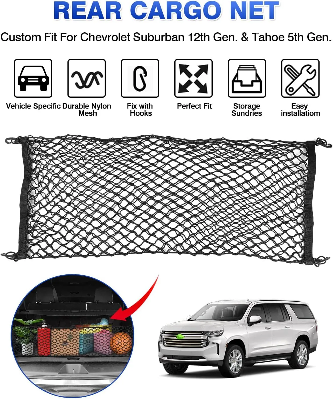 Karltys Envelope Style Cargo Net for 2015-2025 Chevy Tahoe/Suburban/GMC Yukon Accessories, Adjustable Elastic Rear Trunk Cargo Net, Heavy Duty Nylon Mesh Storage Netting Organizer