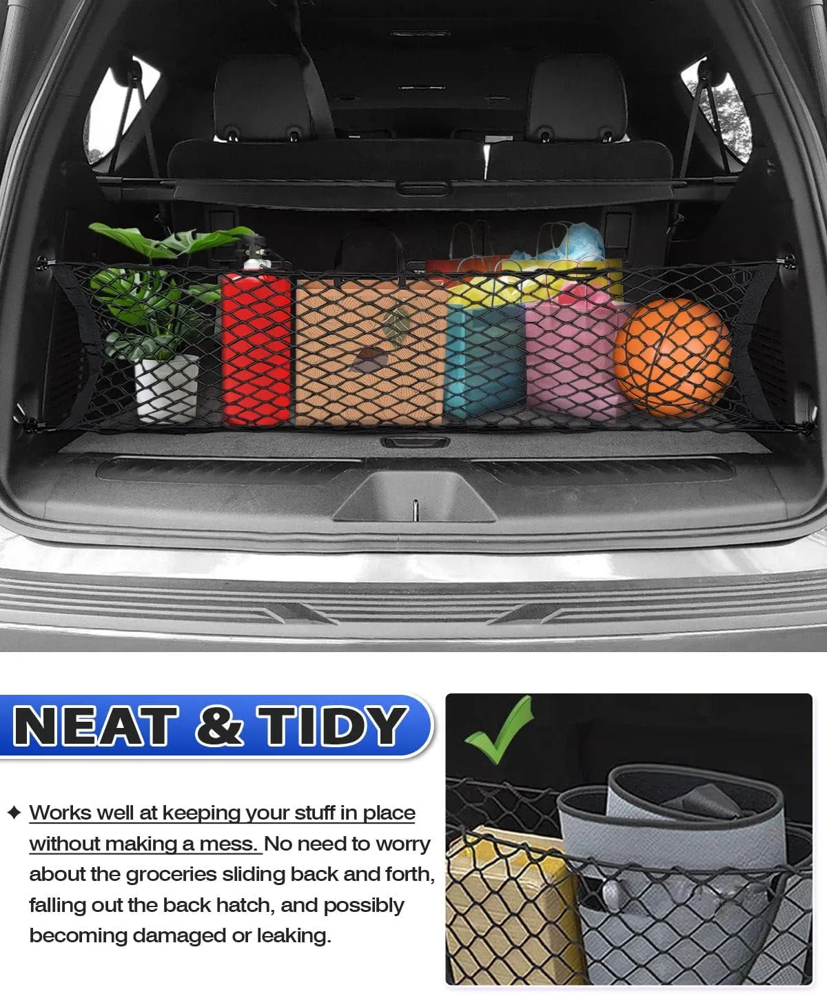 Karltys Envelope Style Cargo Net for 2015-2025 Chevy Tahoe/Suburban/GMC Yukon Accessories, Adjustable Elastic Rear Trunk Cargo Net, Heavy Duty Nylon Mesh Storage Netting Organizer
