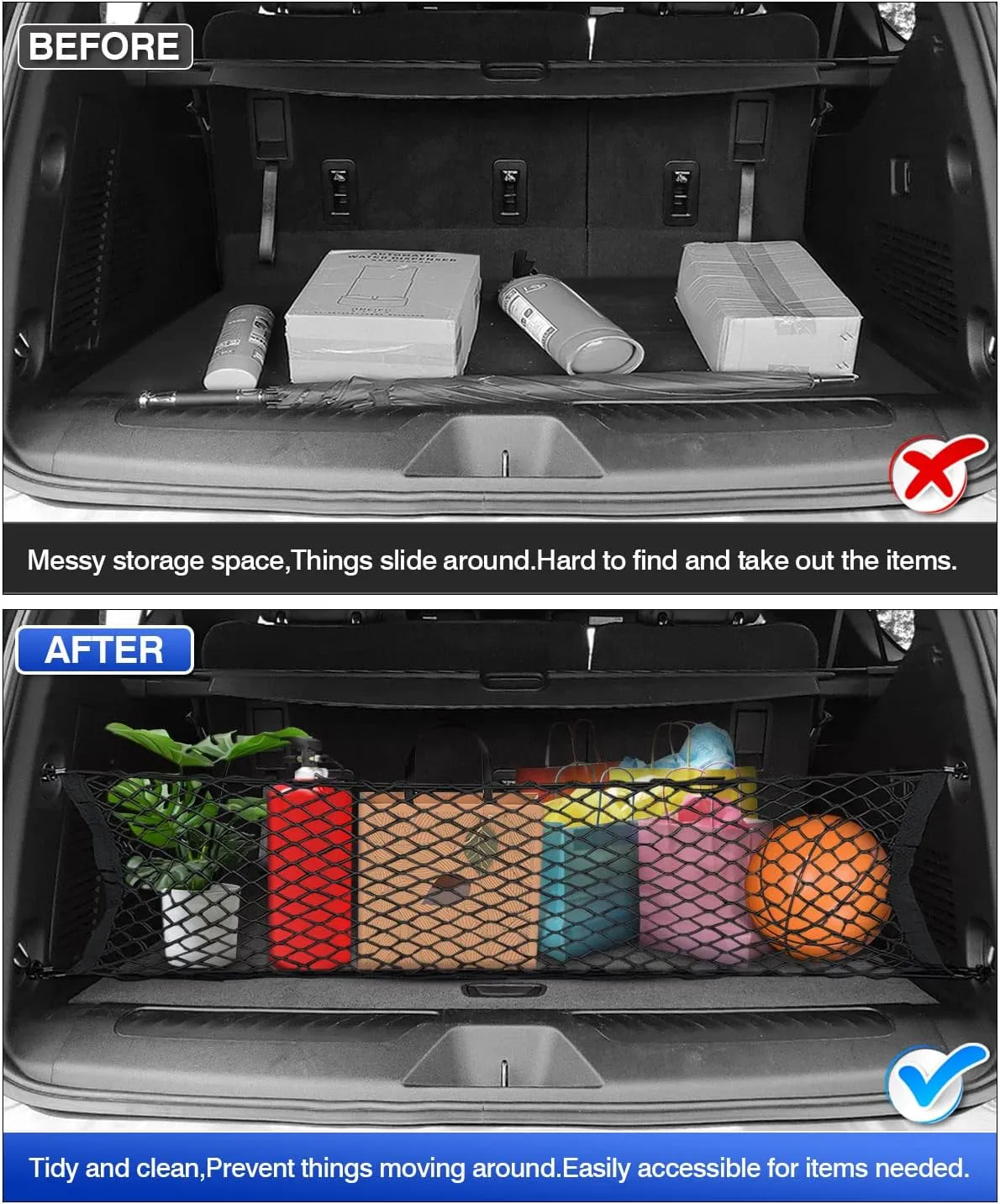 Karltys Envelope Style Cargo Net for 2015-2025 Chevy Tahoe/Suburban/GMC Yukon Accessories, Adjustable Elastic Rear Trunk Cargo Net, Heavy Duty Nylon Mesh Storage Netting Organizer