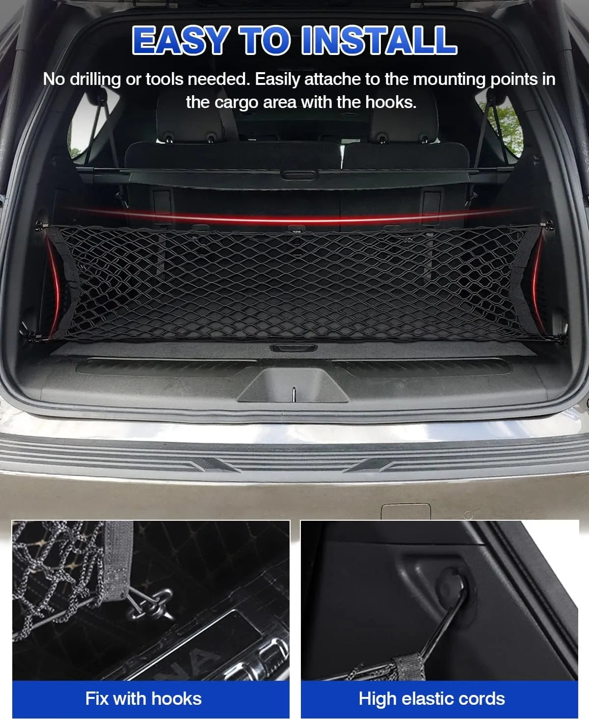 Karltys Envelope Style Cargo Net for 2015-2025 Chevy Tahoe/Suburban/GMC Yukon Accessories, Adjustable Elastic Rear Trunk Cargo Net, Heavy Duty Nylon Mesh Storage Netting Organizer