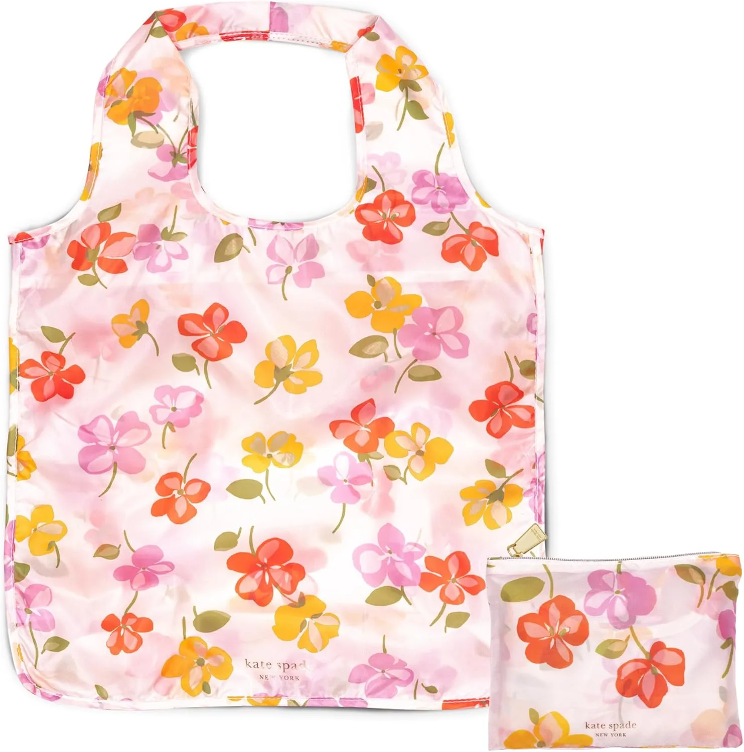 kate spade new york Reusable Produce Bags, Shopping Tote with Zipper Storage Pouch, Lightweight Foldable Grocery Bag, Spring Pansies