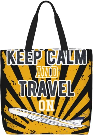 Keep Calm and Travel On Tote Bag for Women Large Capacity Shopping Bags with Pocket Zipper Beach Bag for Shopping Beach Grocery