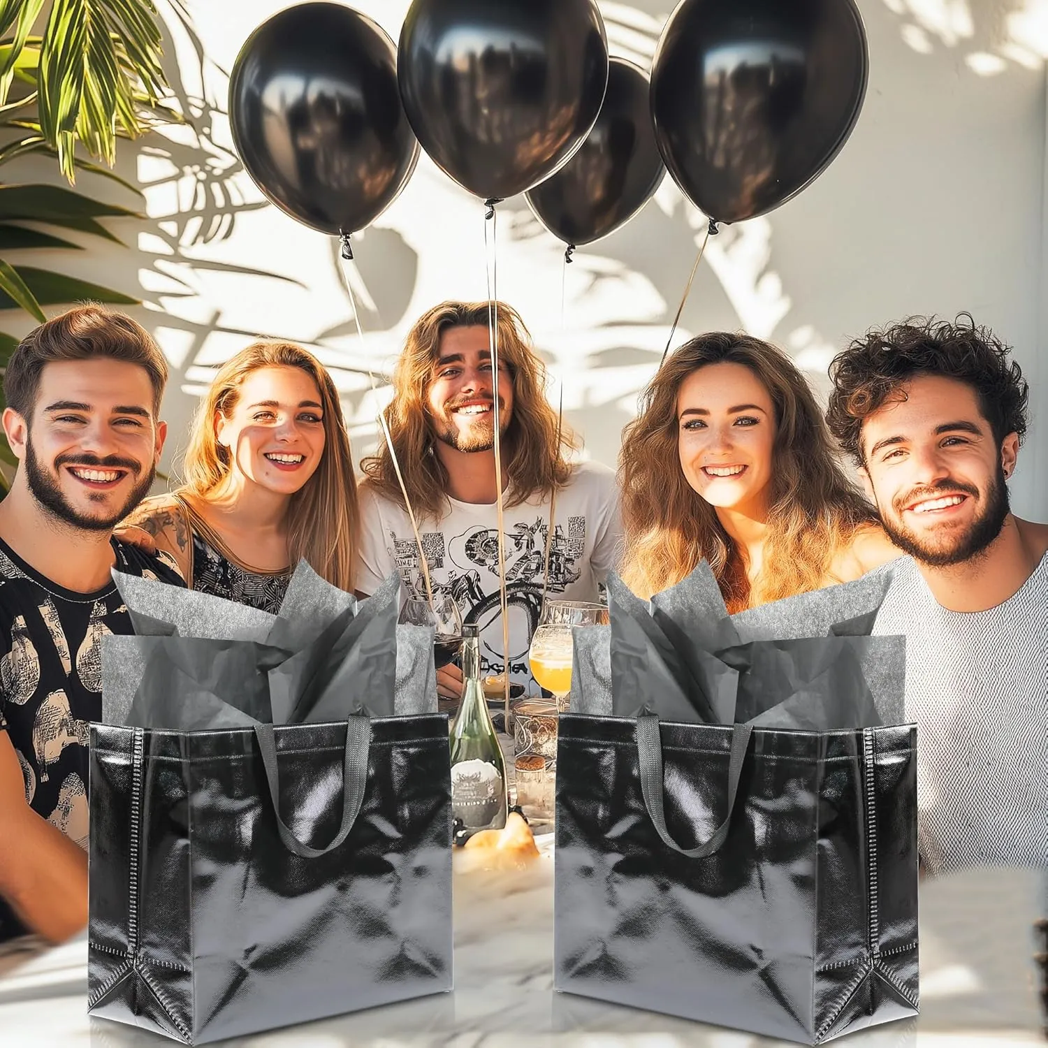 KeerxunBag 12Pcs Reusable Gift Bags（Includes Tissue Paper） Gift bag with handle Birthdays Parties Holidays Weddings Medium 13x5x11in Black Gift Bags