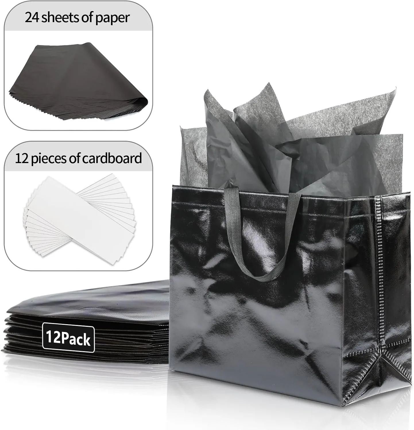 KeerxunBag 12Pcs Reusable Gift Bags（Includes Tissue Paper） Gift bag with handle Birthdays Parties Holidays Weddings Medium 13x5x11in Black Gift Bags