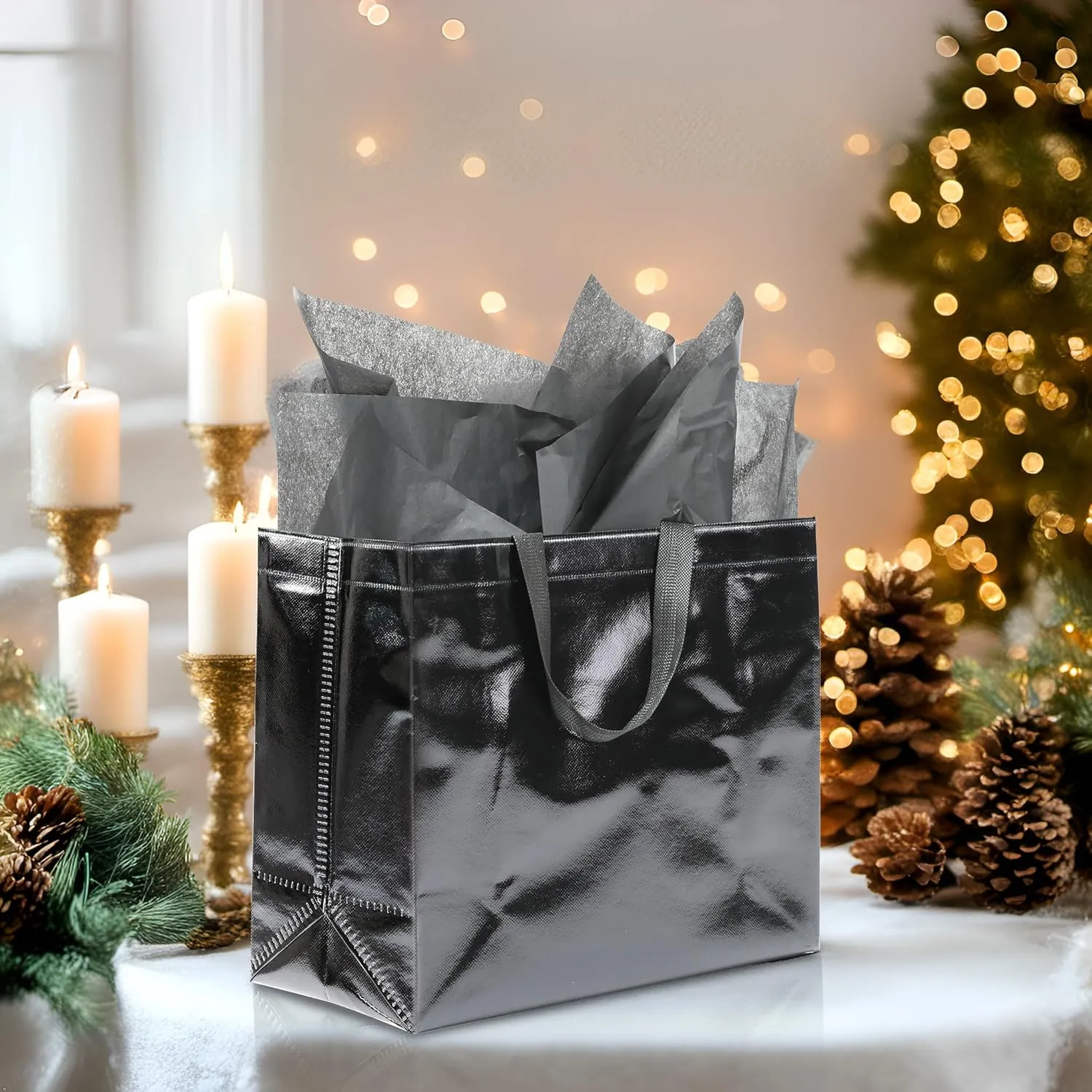 KeerxunBag 12Pcs Reusable Gift Bags（Includes Tissue Paper） Gift bag with handle Birthdays Parties Holidays Weddings Medium 13x5x11in Black Gift Bags