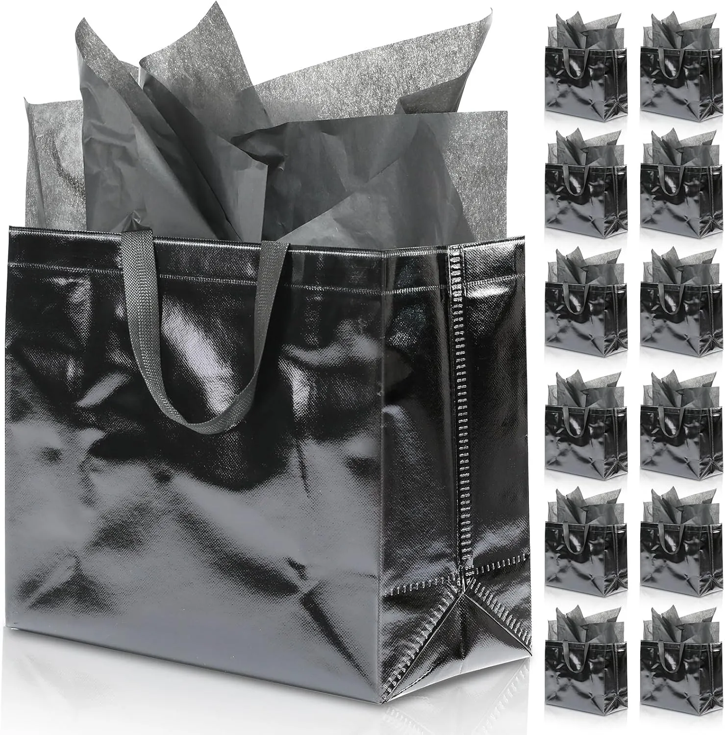 KeerxunBag 12Pcs Reusable Gift Bags（Includes Tissue Paper） Gift bag with handle Birthdays Parties Holidays Weddings Medium 13x5x11in Black Gift Bags