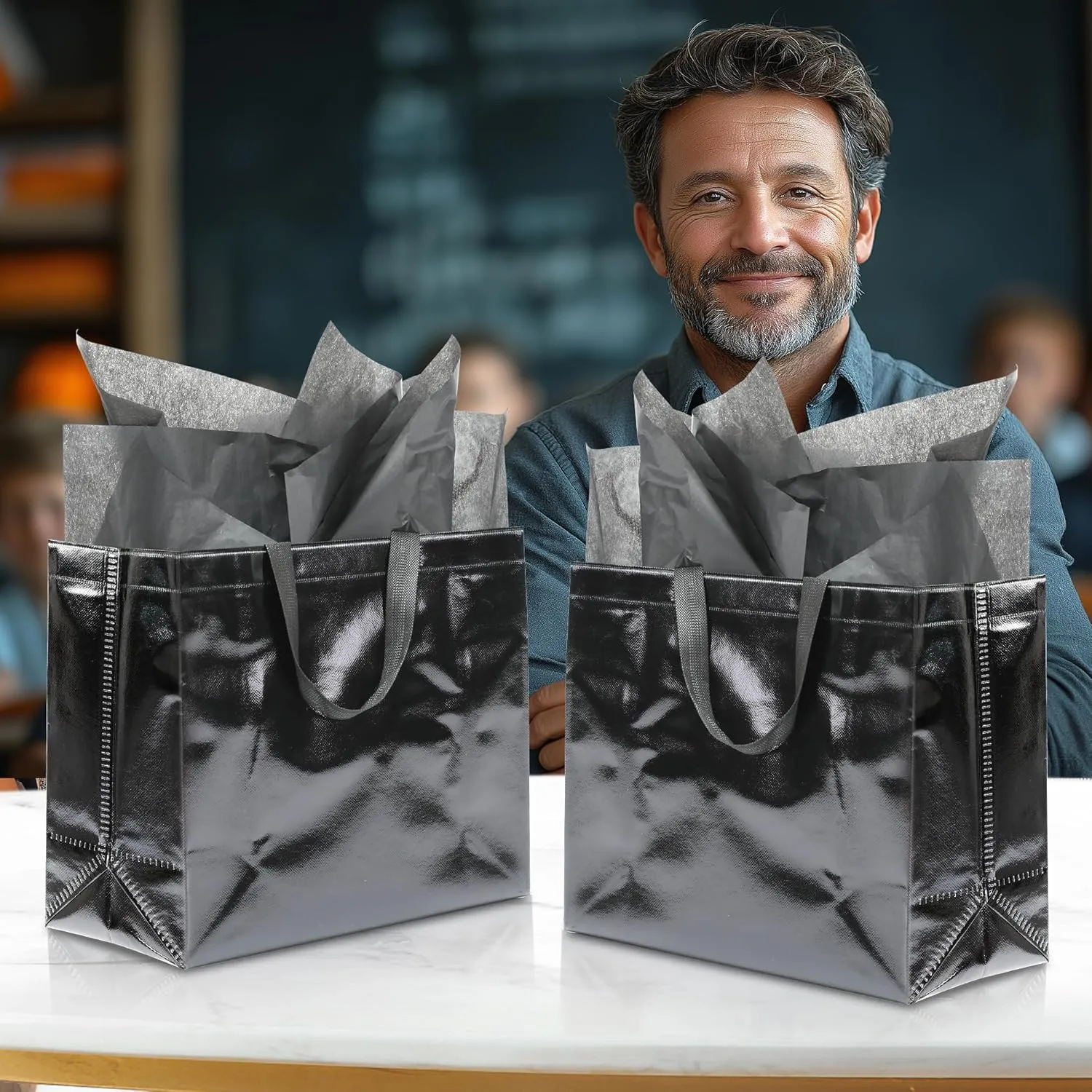 KeerxunBag 12Pcs Reusable Gift Bags（Includes Tissue Paper） Gift bag with handle Birthdays Parties Holidays Weddings Medium 13x5x11in Black Gift Bags