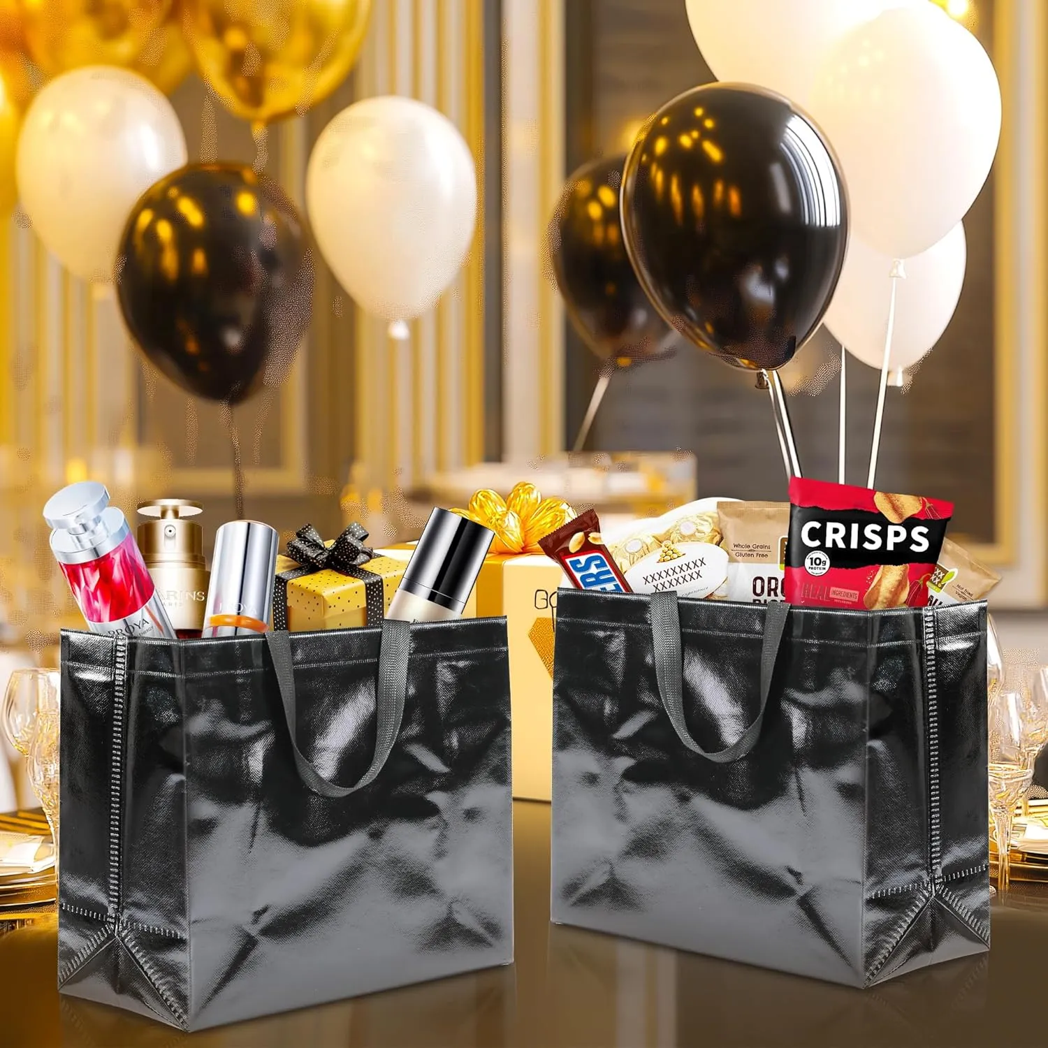 KeerxunBag 12Pcs Reusable Gift Bags（Includes Tissue Paper） Gift bag with handle Birthdays Parties Holidays Weddings Medium 13x5x11in Black Gift Bags