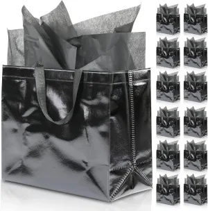 KeerxunBag 12Pcs Reusable Gift Bags（Includes Tissue Paper） Gift bag with handle Birthdays Parties Holidays Weddings Medium 13x5x11in Black Gift Bags