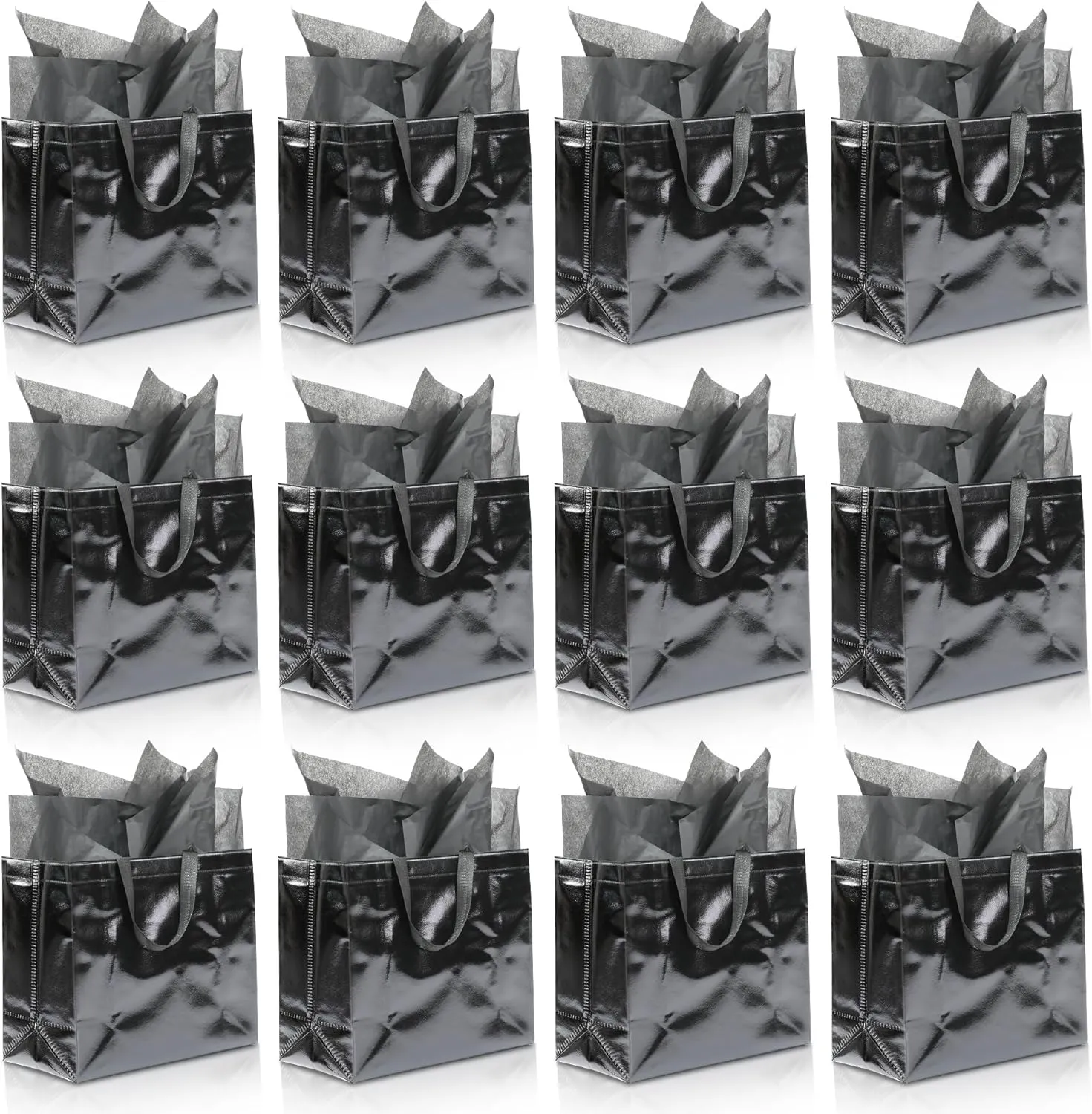 KeerxunBag 12Pcs Reusable Gift Bags（Includes Tissue Paper） Gift bag with handle Birthdays Parties Holidays Weddings Medium 13x5x11in Black Gift Bags