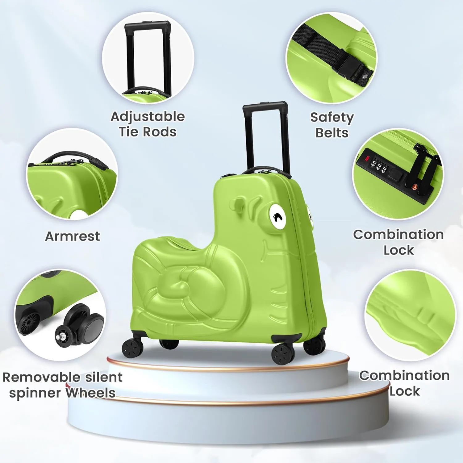 Kids Luggage, Kids Ride-on Luggage with Spinner Wheels Suitcase, Kid's Ride-On Suitcase Help Your Child Relax, Carry On Trolley Luggage with Password Lock (Green, 20 inches)