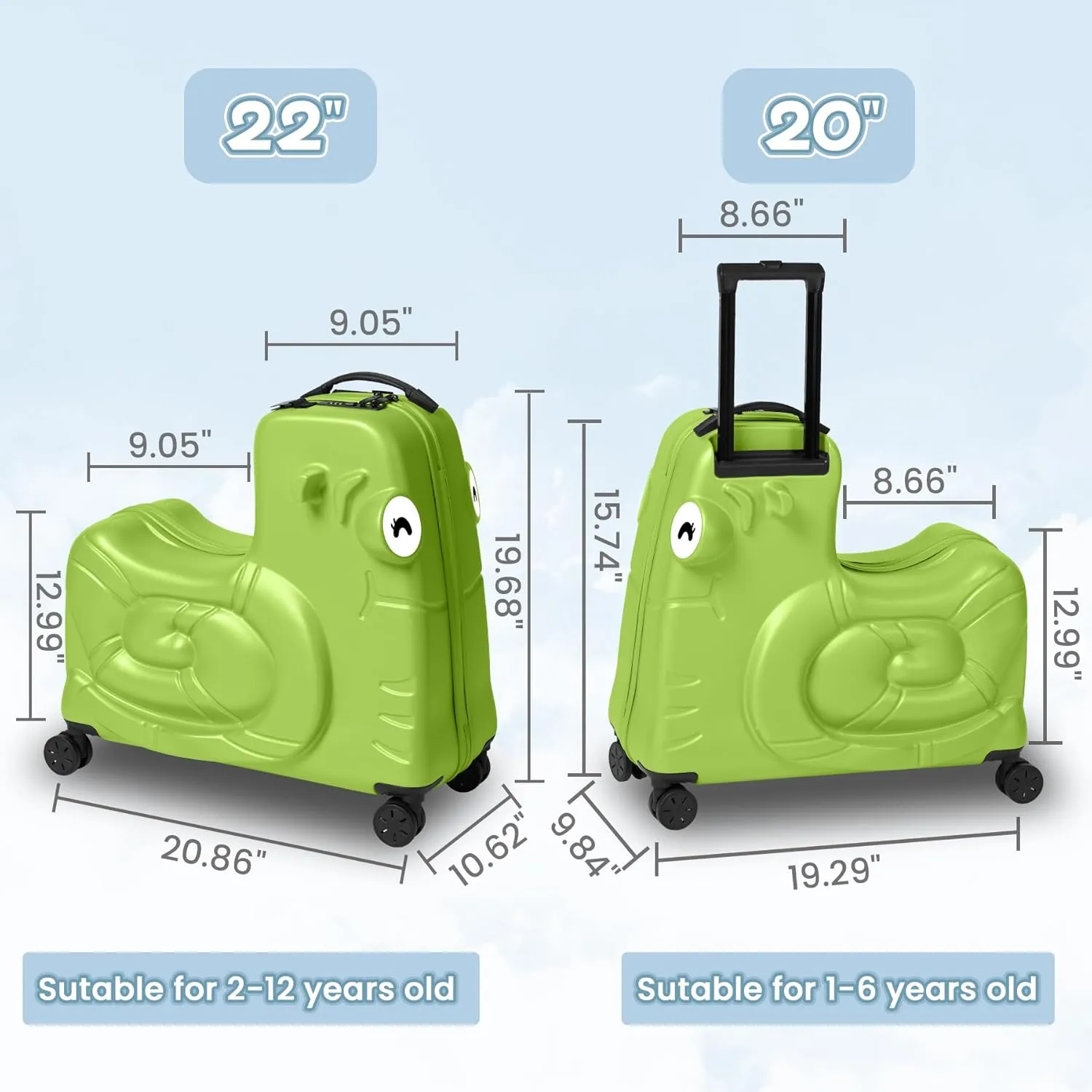 Kids Luggage, Kids Ride-on Luggage with Spinner Wheels Suitcase, Kid's Ride-On Suitcase Help Your Child Relax, Carry On Trolley Luggage with Password Lock (Green, 20 inches)