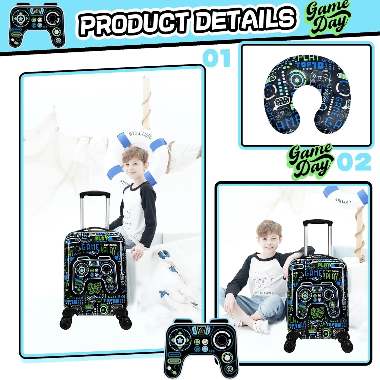 Kid’s Luggage Set 2 Piece Suitcase Set 16’’ Hardside Luggage with Spinner Wheels Girls Boys Carry on Luggage Travel Rolling Luggage Airline Approved