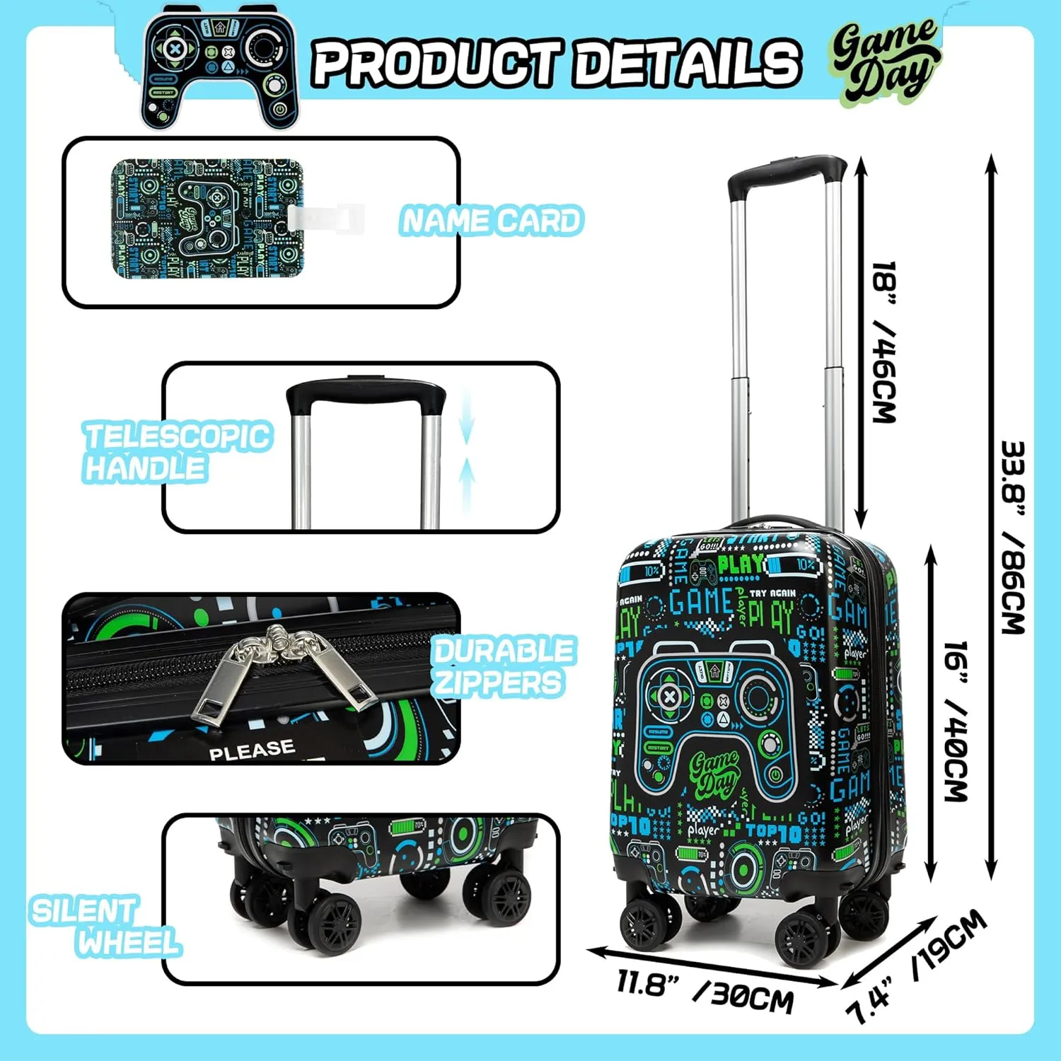 Kid’s Luggage Set 3 Piece Suitcase Set 16’’ Hardside Luggage with Spinner Wheels Girls Boys Carry on Toddler Travel Rolling Suitcase Airline Approved