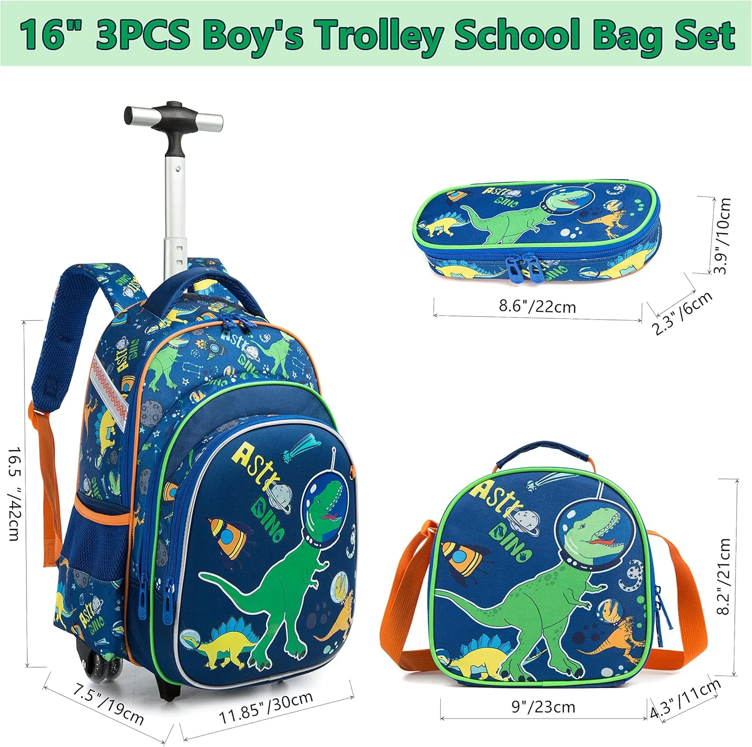 Kids School Book Bags for Girls Boys Children's Luggage Dinosaur Backpack Lunch Box Boys Rolling Backpack with Wheels for Girls Trolley Backpack Travel Suitcase Wheeled for Laptop Case Wheels Blue