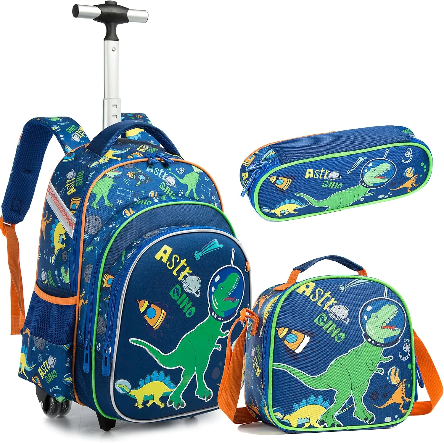 Kids School Book Bags for Girls Boys Children's Luggage Dinosaur Backpack Lunch Box Boys Rolling Backpack with Wheels for Girls Trolley Backpack Travel Suitcase Wheeled for Laptop Case Wheels Blue