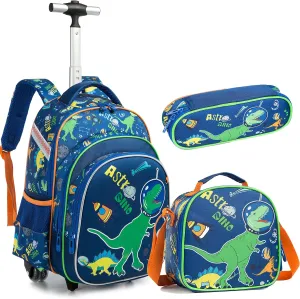 Kids School Book Bags for Girls Boys Children's Luggage Dinosaur Backpack Lunch Box Boys Rolling Backpack with Wheels for Girls Trolley Backpack Travel Suitcase Wheeled for Laptop Case Wheels Blue