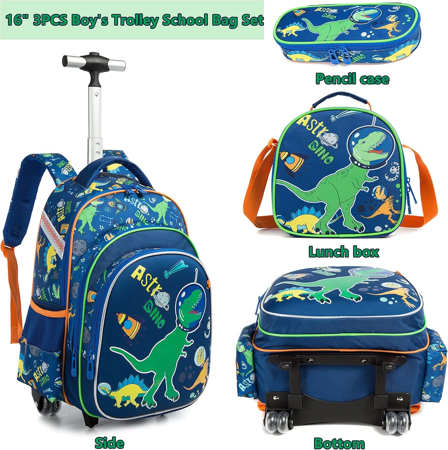 Kids School Book Bags for Girls Boys Children's Luggage Dinosaur Backpack Lunch Box Boys Rolling Backpack with Wheels for Girls Trolley Backpack Travel Suitcase Wheeled for Laptop Case Wheels Blue
