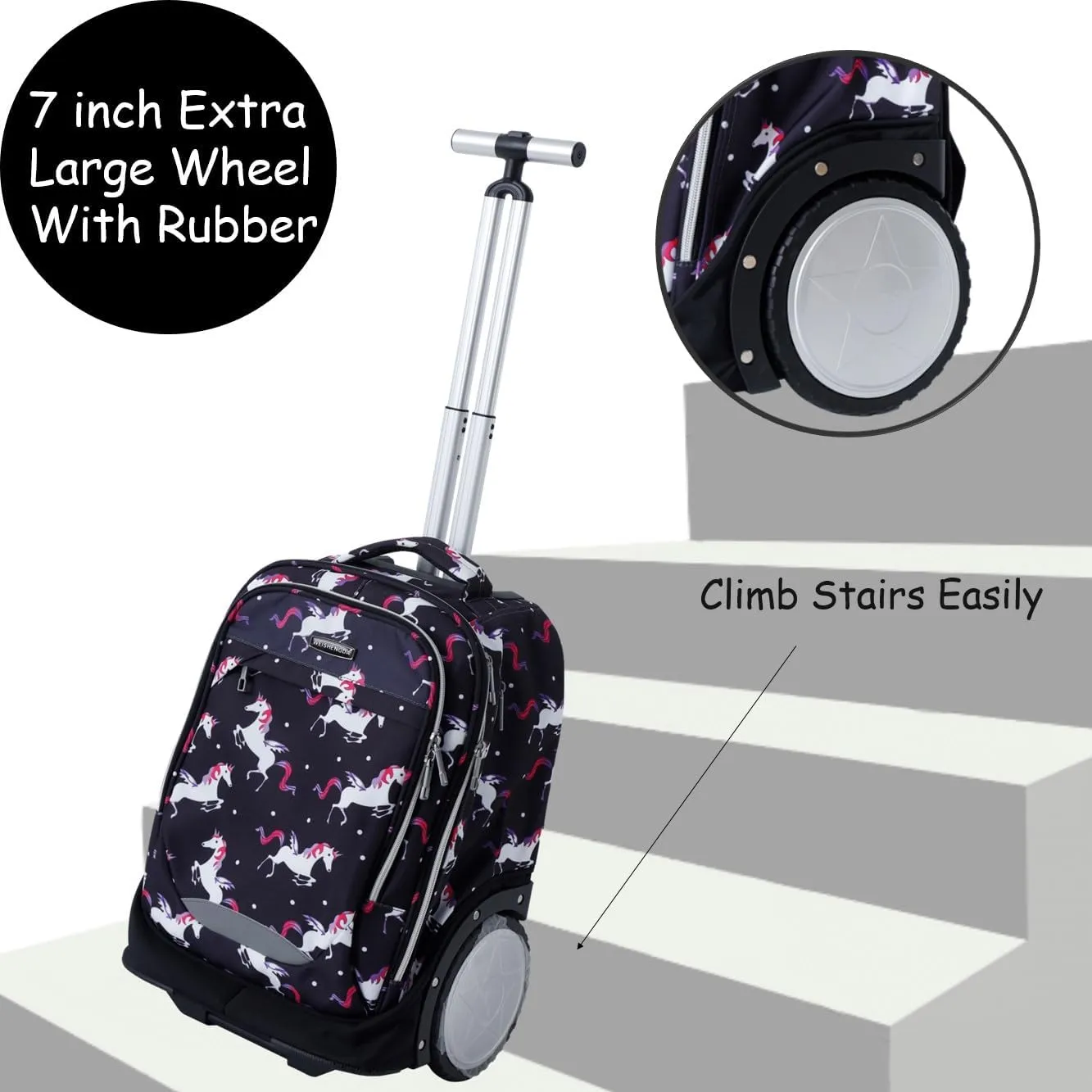 King Mills 18in Roller Backpack, Rolling Bookbag w. 7in Extra Large Wheel. Easy Convert Between Roller and Backpack. Ideal for Daily Use or Travel. Blue Galaxy