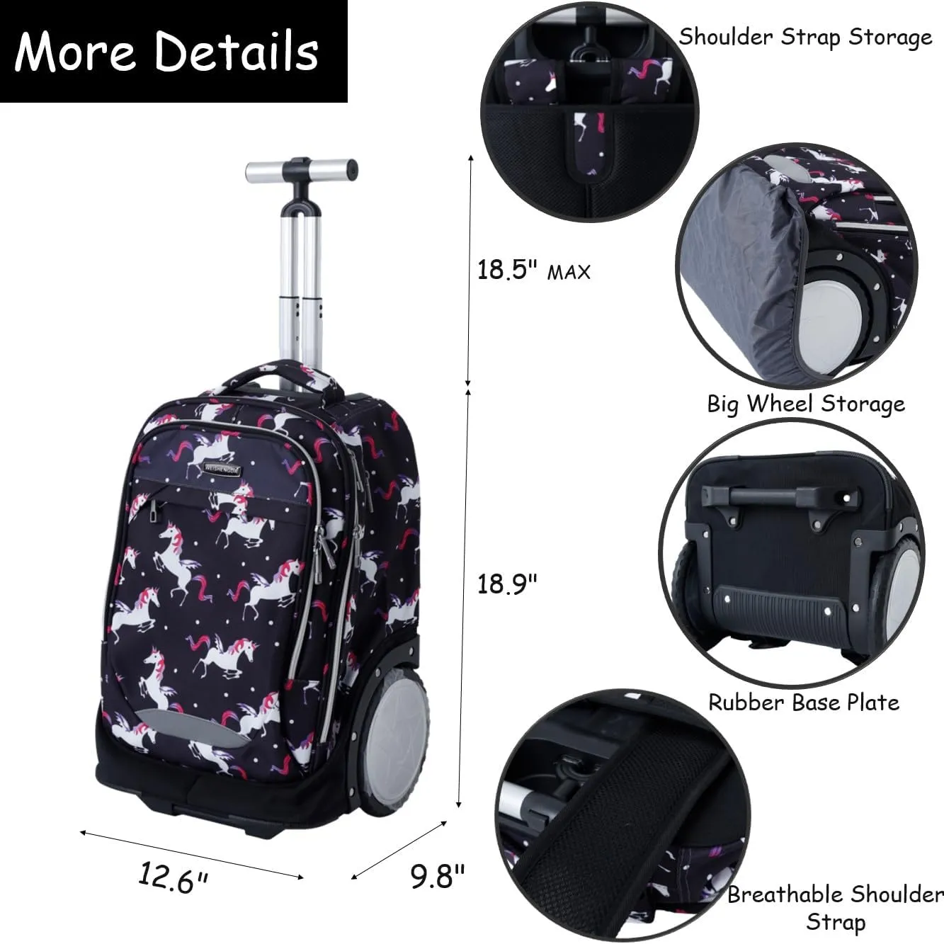 King Mills 18in Roller Backpack, Rolling Bookbag w. 7in Extra Large Wheel. Easy Convert Between Roller and Backpack. Ideal for Daily Use or Travel. Blue Galaxy