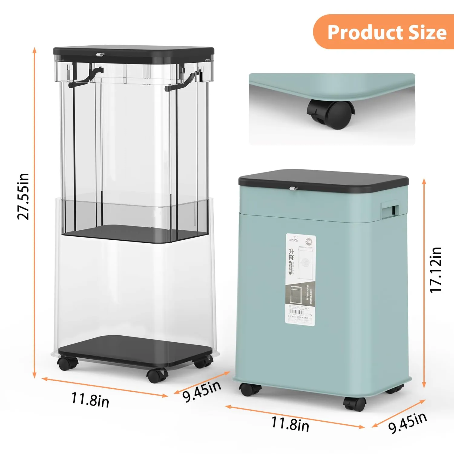 Kitchen Trash Can with Wheels, Adjustable Height 20L/5.3Gal Rolling Garbage Can with Lid, Slim Trash Bin Indoor for Bathroom, Bedroom, Living Room & Office - Blue
