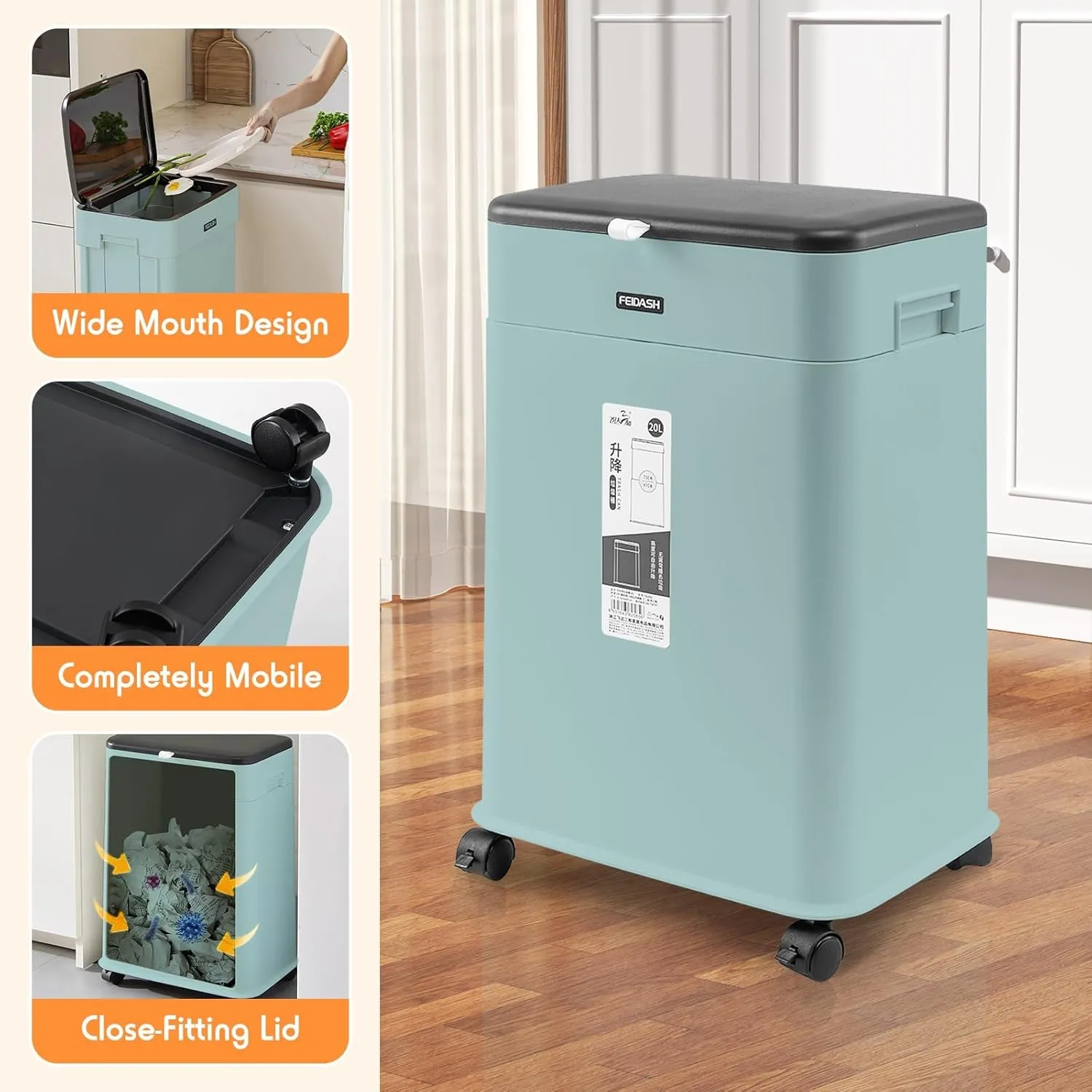 Kitchen Trash Can with Wheels, Adjustable Height 20L/5.3Gal Rolling Garbage Can with Lid, Slim Trash Bin Indoor for Bathroom, Bedroom, Living Room & Office - Blue
