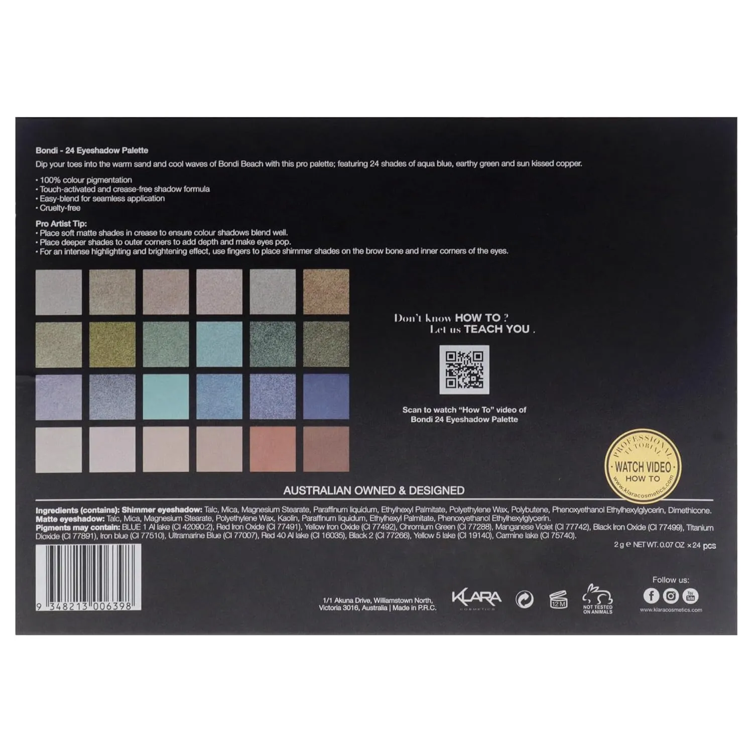 Klara Cosmetics 24 Eyeshadow Palette - Eye Makeup Palette with Matte, Shimmer and Metallic Finishes - Face Makeup Palette - Bondi - 2.5 oz