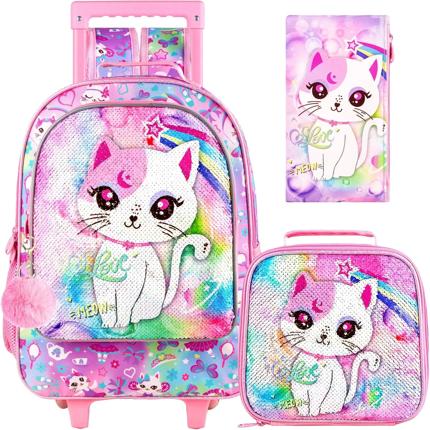 KLFVB Rolling Backpack for Girls Boys, Kids Roller Wheels School Bookbag with Lunch Bag, Wheeled School Bag for Children