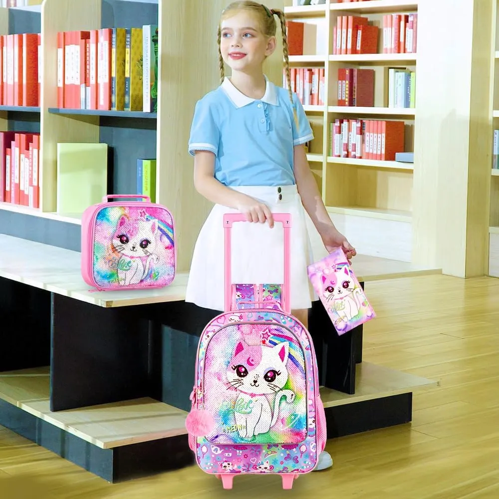 KLFVB Rolling Backpack for Girls Boys, Kids Roller Wheels School Bookbag with Lunch Bag, Wheeled School Bag for Children