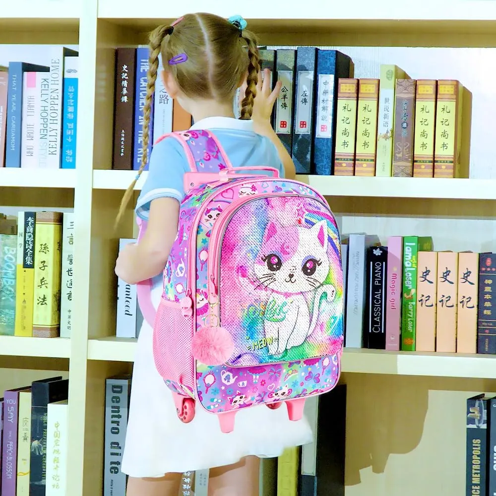 KLFVB Rolling Backpack for Girls Boys, Kids Roller Wheels School Bookbag with Lunch Bag, Wheeled School Bag for Children