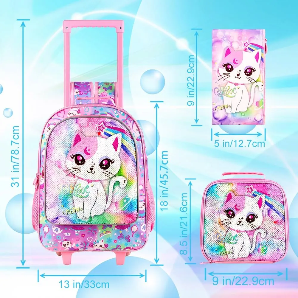 KLFVB Rolling Backpack for Girls Boys, Kids Roller Wheels School Bookbag with Lunch Bag, Wheeled School Bag for Children