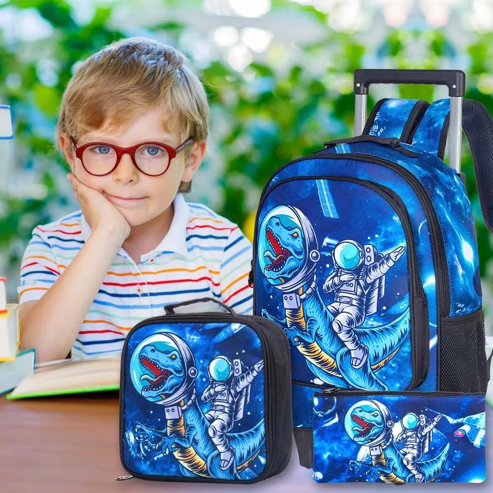 KLFVB Rolling Backpack for Girls Boys, Kids Roller Wheels School Bookbag with Lunch Bag, Wheeled School Bag for Children