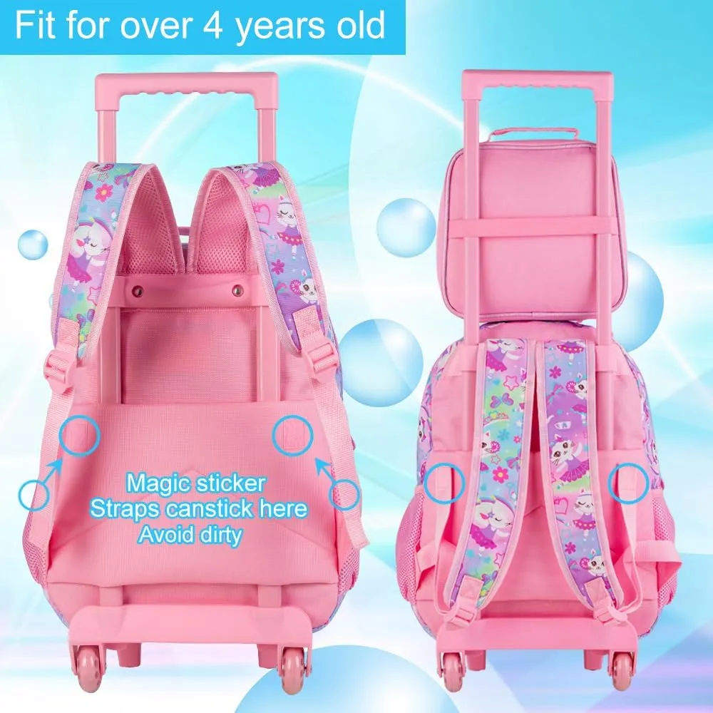 KLFVB Rolling Backpack for Girls Boys, Kids Roller Wheels School Bookbag with Lunch Bag, Wheeled School Bag for Children