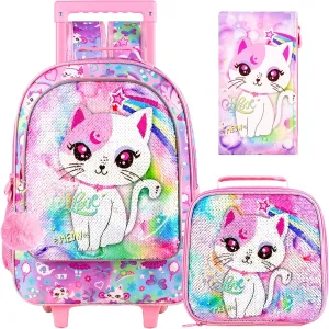 KLFVB Rolling Backpack for Girls Boys, Kids Roller Wheels School Bookbag with Lunch Bag, Wheeled School Bag for Children
