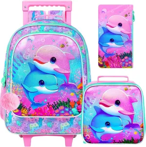 KLFVB Rolling Bookbag for Girls, 3PCS Kids Roller Backpack with Lunch Bag, Wheeled School Bag for Children - Dolphins