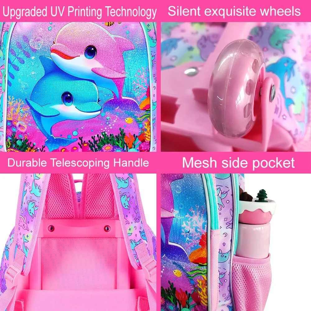 KLFVB Rolling Bookbag for Girls, 3PCS Kids Roller Backpack with Lunch Bag, Wheeled School Bag for Children - Dolphins