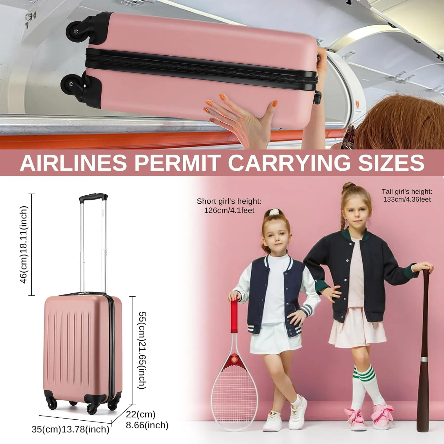 Kono 20 Inch Carry on Luggage Suitcase with Spinner Wheels, Lightweight Rolling Cabin Suitcase for Airplanes Travel (Rose Gold, For 1-3 Days Travel)